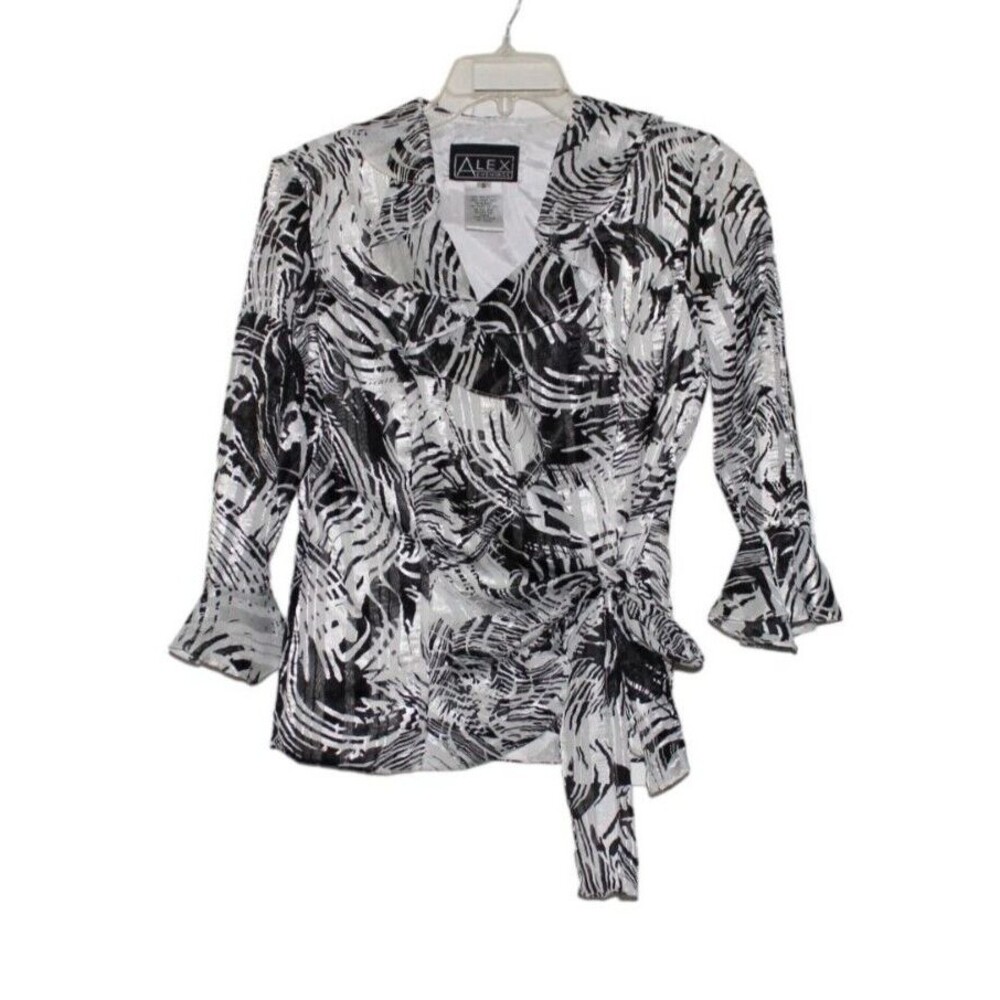 Alex Evenings Womens Jacket Top Blouse Black White 3/4 Bell Sleeves Size s